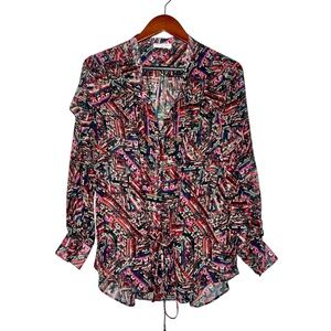 Megan Park 100% Silk Long‎ Sleeve Abstract Print Women's Blouse